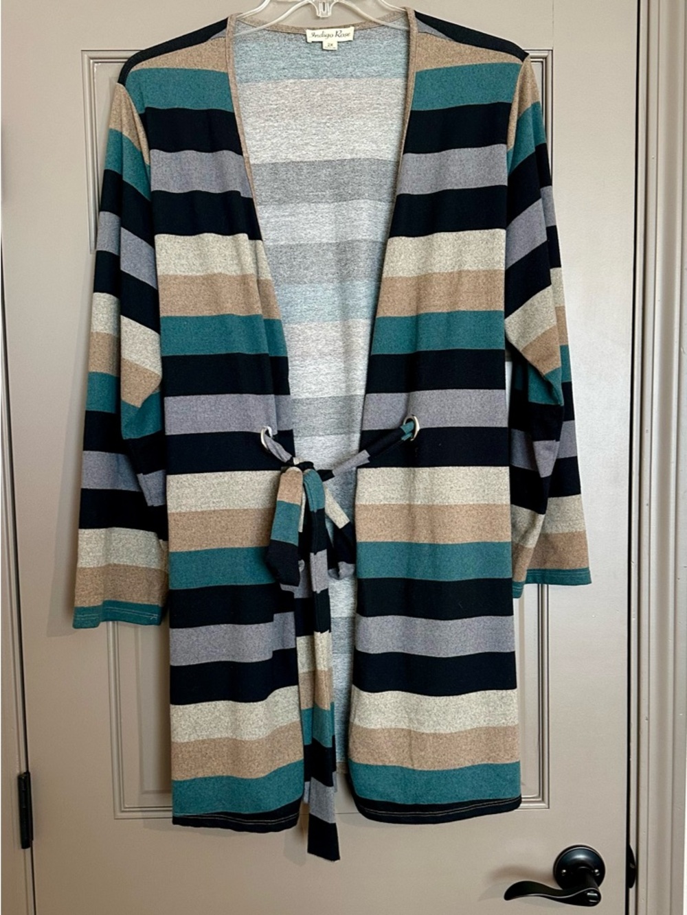 Indigo Rose Striped Tie-Front Cardigan - Teal, Black, Gray, Tan Plus Size 2x